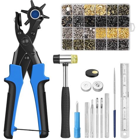 Pince Perforatrice Cuir, 6 Tailles de Poinçon Pince Perforatrice Rotatif pour Cuir avec 240 Rivets 120 Boutons Pression Règle Coussin en Laiton pour Cuir,etc (1/5)
