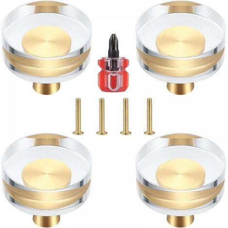 YMYNY Clear Crystal Brass Door Knobs for Cabinets, Drawers, Cupboards and Furniture, 30 x 34 mm, Set of 4 (1/4)