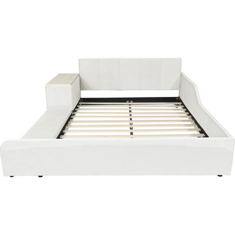 Cama infantil tapizada 140x200 cm con escritorio, taburete y estante, terciopelo blanco (1/5)