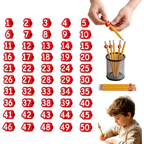 Décorations de crayon numérotées, étiquettes réutilisables pour enseignant, numéro 1 à 50, marqueurs de suivi de crayon pour stations d'approvisionnement et organisation scolaire (1/5)