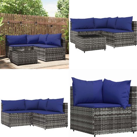 Salon de jardin 4 pcs avec coussins Gris Résine tressée - Salon De Jardin - Mobilier Extérieur - Canapé D'angle - Set De Salon - Table Basse - Home & Living (1/5)