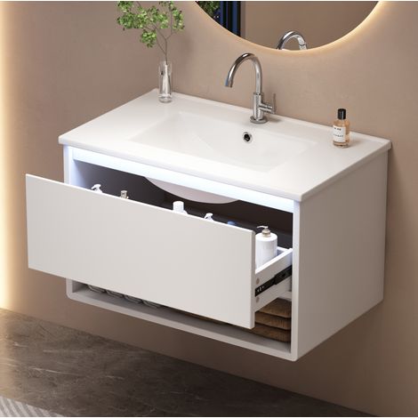 Mobile lavabo sospeso 76,5x46x45 cm con LED, 1 cassetto e ripiano aperto, bianco (1/5)
