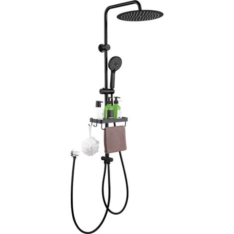 AIHOM Système de douche noir sans robinet – Colonne en acier inoxydable avec grande tête pluie 30x30 cm, barre ajustable, douchette multifonction et tablette de rangement (1/5)