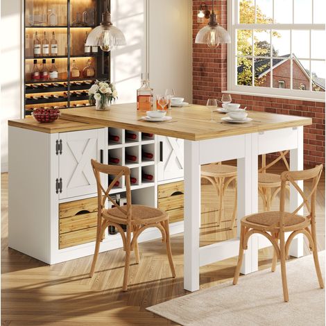 Table îlot de cuisine extensible 120-197 cm avec plateau rotatif à 360°, meuble de rangement et grand espace de stockage, blanche (1/5)