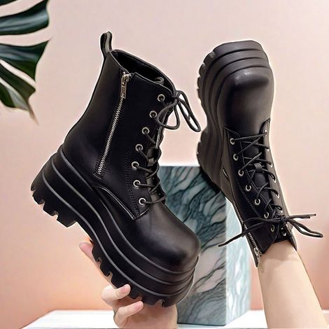 Bottes de moto pour femmes, grandes pointures, nouveautés automne-hiver : fermeture éclair latérale, semelle épaisse compensée, talon haut, tige courte, bout rond (1/4)
