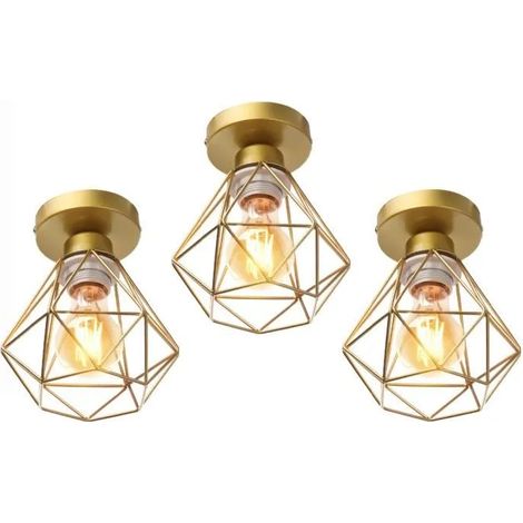 U-Do 3Pcs Plafonnier Industriel Vintage Lampe de Plafonde Cage forme Diamant Mini en Métal Doré (1/4)