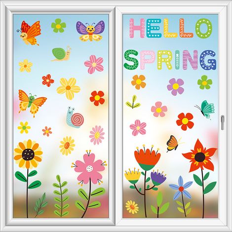Lot de 9 autocollants décoratifs printaniers pour fenêtres : fleurs, papillons, tournesols. (1/5)
