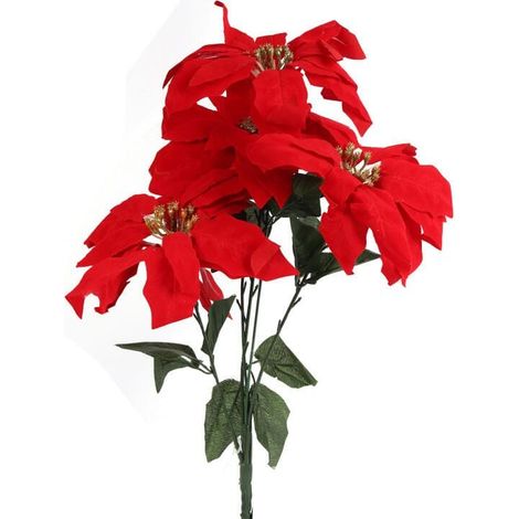 Bouquet di 5 stelle di Natale artificiali in velluto con centro dorato, altezza 52 cm, rosse (1/3)