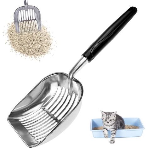 Grande pelle à litière pour chat - 34 x 13 cm - Ramasse-crottes - Pelle à litière à long manche - Alliage d'aluminium - Large surface de ramassage - Nettoie rapidement la litière - Argenté (1/5)