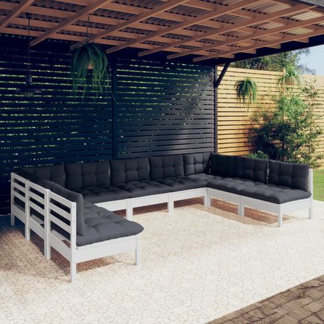 Salon de jardin 9 pcs Ensemble Table et Chaise de Jardin - avec coussins Blanc Bois de pin solide BV420137 - BonneVie (1/5)