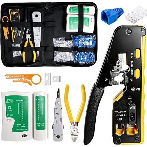 Pince à Sertir Outil Sertissage RJ45, Outils de Sertissage Réseau avec 60Pcs Connecteur RJ45 et 60Pcs Protections Anti-torsion, Testeur de Câble, LSA Outil de Montage, Pince Coupante Latérale (1/5)