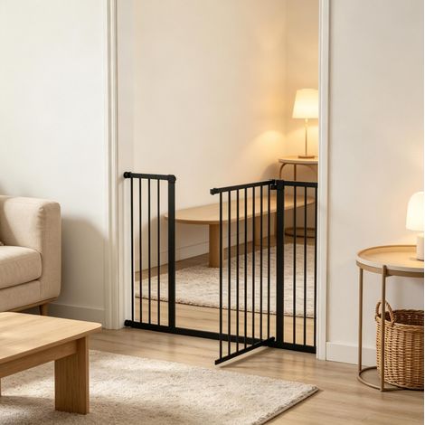 Barrière de sécurité pour chien extensible noire en acier robuste, sans perçage, avec portillon de 49 cm, pour portes et escaliers de 76 à 107 cm – CHICFURN (1/5)