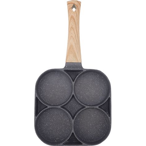 Poêle à frire 4 trous antiadhésive résistante à la chaleur, idéale pour les crêpes, les hamburgers et autres préparations culinaires. Accessoire de cuisine effet bois, compatible gaz et induction, noi (1/5)