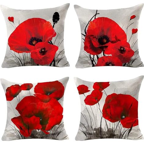 Lot de 4 housses extérieur coquelicot rouge rétro 45x45 cm velours - Lot de 4 housses extérieur coquelicot rouge rétro 45x45 cm velours (1/5)