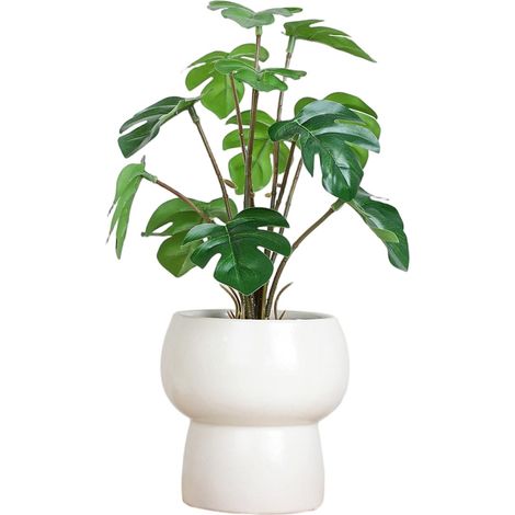 Bouquet de fleurs artificielles, fleurs en plastique longue durée, pot rond décoratif avec feuilles de Monstera (1/2)