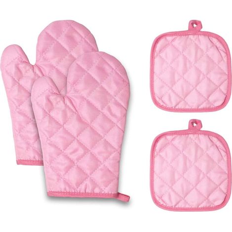 Ensemble de 2 gants et 2 dessous de plat roses résistants à la chaleur, offrant une excellente prise en main pour les casseroles chaudes. Idéal pour la cuisine, la pâtisserie, les barbecues et tous vo (1/4)