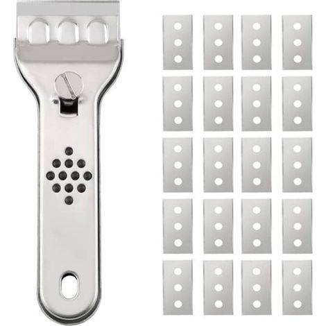 Grattoir en acier inoxydable pour plaques vitrocéramiques - Grattoir à verre (avec 20 lames de rechange) - Grattoir pour plaques de cuisson vitrocéramiques - Grattoir pour plaques de cuisson et fours  (1/5)