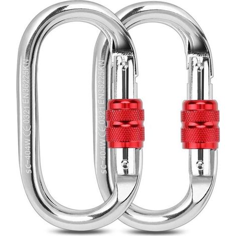 Ensemble de deux mousquetons d'escalade avec anneaux de sécurité de 25 kN, adaptés à l'escalade et à l'aventure.