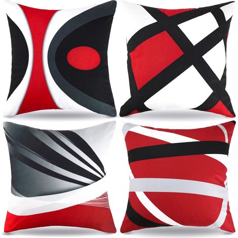 Set di 4 federe per cuscini dal design geometrico moderno, 45x45 cm, double-face, in velluto a righe rosse, nere e grigie, ideali per la decorazione del soggiorno.