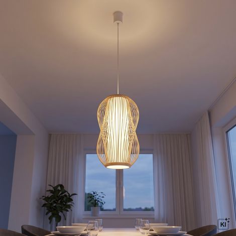 Hängeleuchte Holz rund D: 21 cm H: max. 160 cm E27 Bambus Boho Modern Hängelampe (1/5)