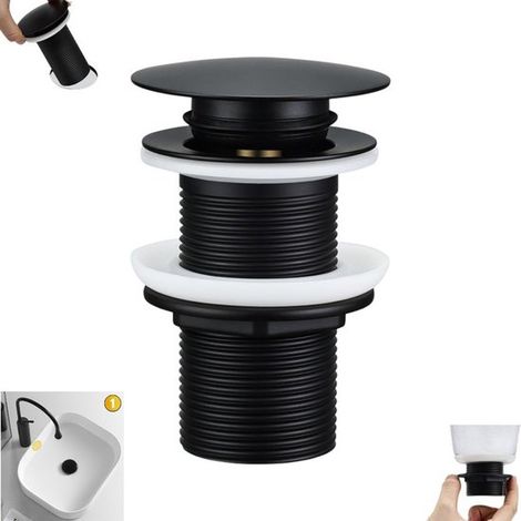 Bonde de lavabo à siphon - Noire - Alliage de zinc sans trop-plein - Bonde de lavabo à clapet sans fente - Bonde de lavabo noire en forme de dôme sans fente - Sans orifice de trop-plein - Noire (1/5)