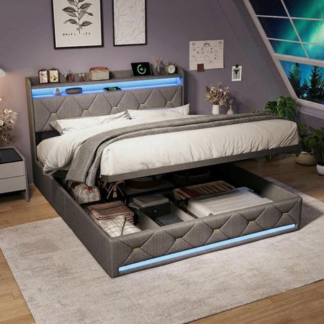 Lit coffre hydraulique 140x200 cm – en lin gris – LED tête et pied – charge sans fil – rivets dorés décoratifs (1/5)