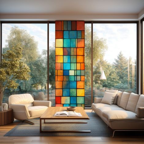 Stickers décoratifs électrostatique, carrés de couleurs, effet vitrail, 150 cm X 67,5 cm
