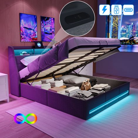 HYTKKBD – Lit Coffre 160x200cm,avec LED Réglable et Port USB,avec Rangement Hydraulique,Tête de Lit avec Rangement,Capacité de Charge de 300kg,Sommier à Lattes,Facile à Monter,Lin,Gris (1/5)