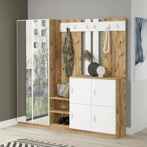 Dmora - Mobile da ingresso Media, Entratina appendiabiti, Composizione per atrio, Consolle portaoggetti multifunzione, 187x38h180 cm, Quercia e Bianco, con imballo rinforzato, con imballo rinforzato (1/5)