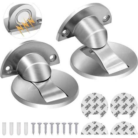 Set of 2 magnetic doorstops in brushed stainless steel - Invisible - Durable - Silver - No drilling required (1/5)