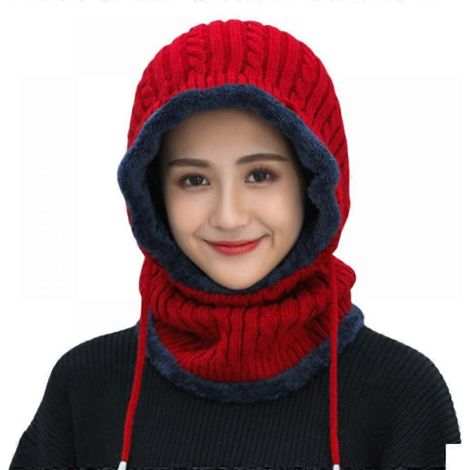 Bonnet d'hiver pour femme avec capuche en polaire thermique, cache-cou tricoté, coupe-vent, rouge (1/5)