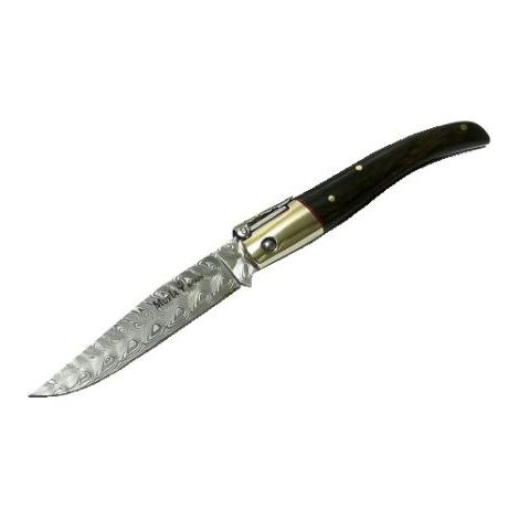 Navaja Muela PQ-9DAM  de palanquilla, hoja de Acero de Damasco inox. Cachas granadillo y alpaca. Incluye estuche.