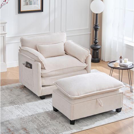 Sillón moderno de chenilla beige con puff almacenaje 103 x 85 x 91 cm (1/5)