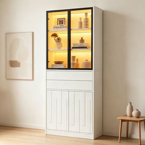 Vitrine haute LED 70 x 34 x 180 cm, 2 tiroirs, portes en verre trempé, blanche OKWISH (1/5)