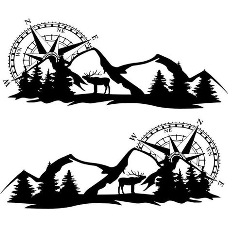 autocollants latéraux de voiture avec montagne, autocollants de voiture en PVC noir, boussole et modèle de cerf (1/4)