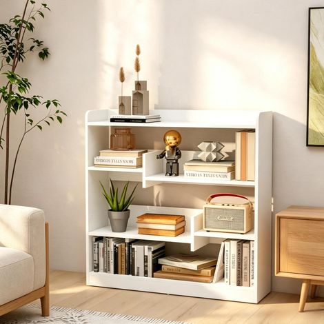 Bibliothèque étagère 90x24x91 cm en panneaux de bois blanc, gain de place pour salon FloraGrace (1/5)