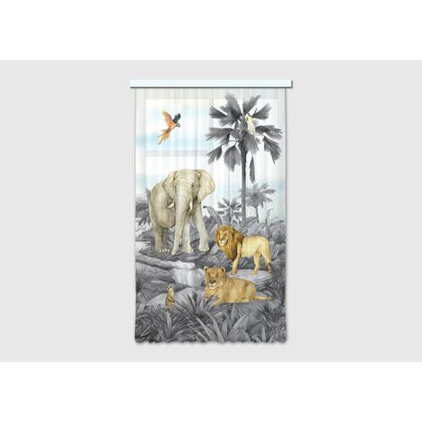 Voilage Animaux de la jungle - Éléphant, lion, perroquet en noir et blanc - 1 pièce - L 140 cm x H 245 cm (1/4)