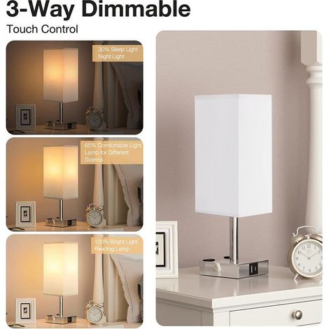 Ortviai Lampe de chevet en tissu avec variateur tactile, 2 prises USB (A+C) et 2 prises secteur, lumière chaude 3000K (1/4)