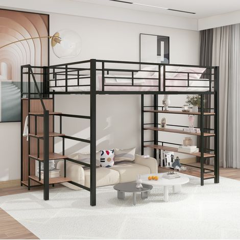 Cama dormitorio alta con almacenaje metálica negra OKMYHOME (1/5)