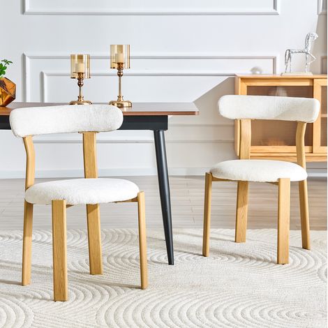 Chaise de salle à manger 79 cm avec dossier ergonomique, tissu bouclé blanc et structure en bois (1/5)