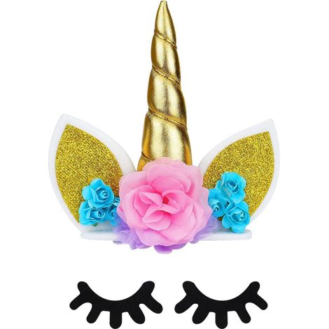 Décoration de Gâteau Licorne,Déco de Gâteau Licorne Or Cake Topper Licorne avec Cils et Support Décorations de Gâteau pour Garçon Fille Enfants Baby Shower AnniversaireFête de mariage (1/5)