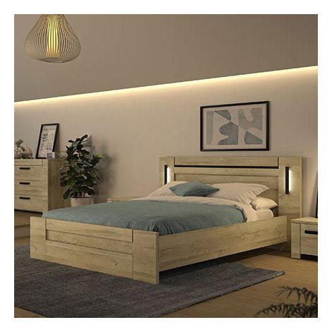 Lit 140x190 cm avec tiroir de rangement – Éclairage LED intégré – Tête de lit 99 cm – Effet bois chêne doré/beige – Gami (1/5)
