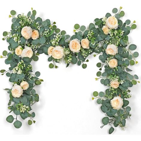 Branche d'eucalyptus - Eucalyptus - Guirlande de fleurs artificielles faite main avec pivoines et roses - 2 pièces - Rose - Mariage (1/5)