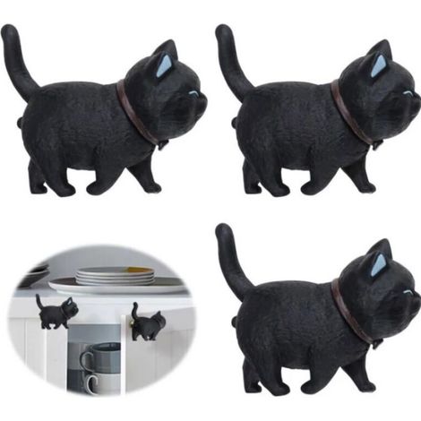 Maniglia per porta a forma di gatto, maniglia per mobili, gomma morbida, PVC, testa di gatto nera, girevole, 3 pezzi (1/3)