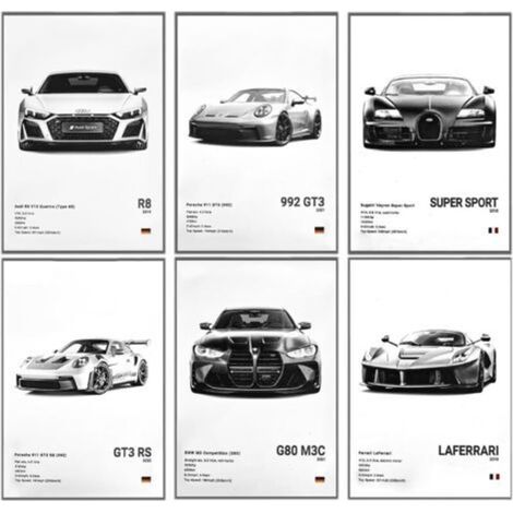 Lot de 6 posters muraux de voiture, 20 x 30 cm, sans cadre, décoration murale pour chambre à coucher, bureau (1/5)