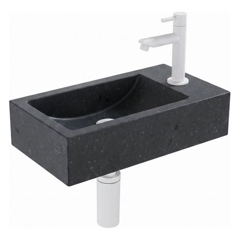 Saniclass Fuente ensemble de fontaine - 40x22x10cm - 1 trou de robinet - à droite - pierre naturelle - robinet de lave-mains blanc mat - foncé (1/2)