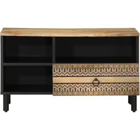 Meuble TV en Bois de Manguier Massif, Style Industriel Noir et Naturel, 80 x 33,5 x 46 cm, Console Basse avec Rangement pour Salon (1/5)
