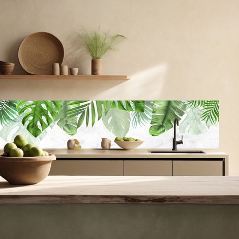 Lupia Pannello Paraschizzi Schienale Cucina con decorazione stampata, TROPICAL LEAVES, in Alluminio composito, Facile da applicare, Lavabile Ignifugo Resistente all'Acqua 260xH62,5 cm (1/4)