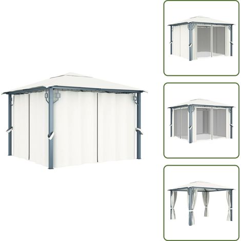 Tonnelle avec rideau 300x300 cm Crème Aluminium - Abri Solaire - Tonnelle - Gazebo - Tente Extérieure - Structure Extérieure (1/5)