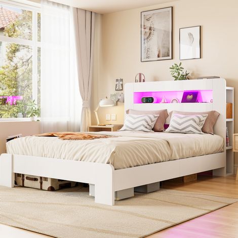 lit adulte double rangement LED prise 140x200 bois blanc HAVRYA (1/5)